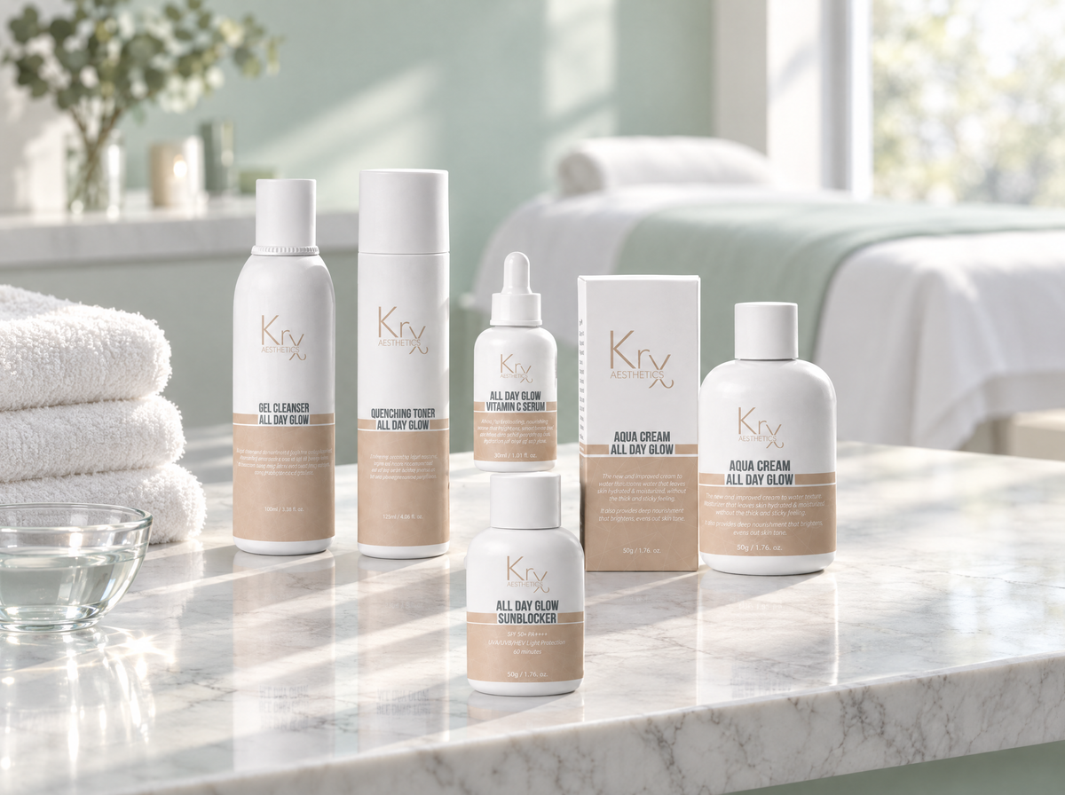 Gamme All Day Glow KRX Aesthetics dans une cabine de soin