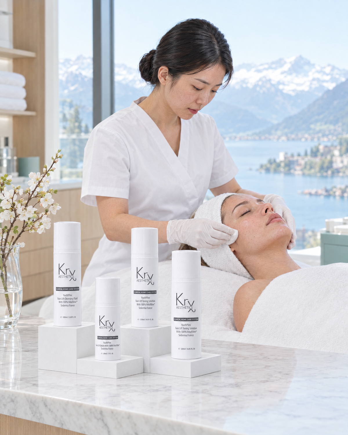 Esthéticienne réalisant un soin du visage avec la gamme YouthPlex KRX Aesthetics, vue sur un lac et les Alpes suisses