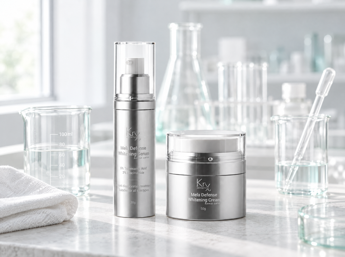 Sérum et crème Mela Defense KRX Aesthetics dans un laboratoire de dermocosmétique